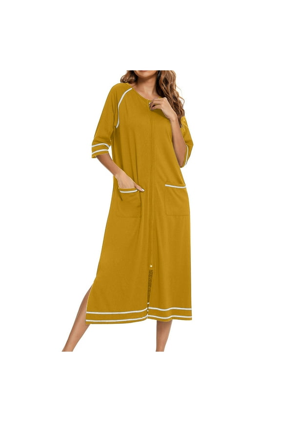 Women's House Coats Lightweight Knee Length Zipper Front Robes Casual 3/4 Sleeve Loungewear with Pockets Solid Color Fall Winter Nightgowns Yellow XXL