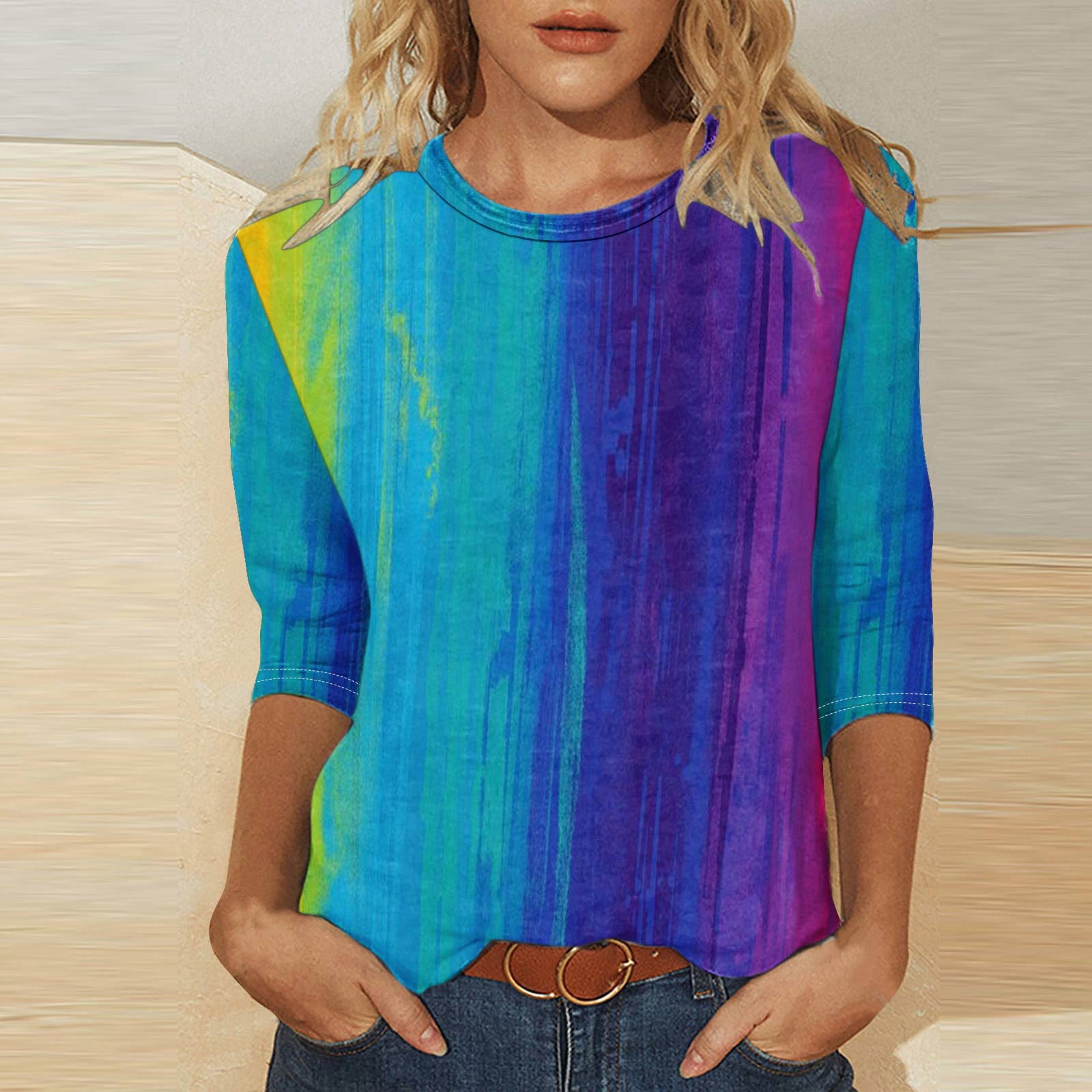 CFLVAEK Women's Loose Fit Going Out Tops Casual 2024 Vertical Dye Pattern Tshirts 3/4 Sleeve