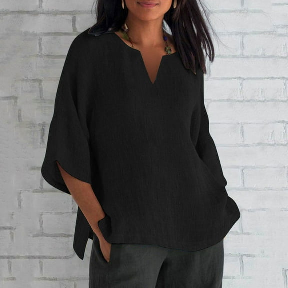 CFLVAEK Women's Notch V Neck T Shirts Casual Cotton Linen Solid Shirt Loose Fit 3/4 Sleeve Tunic Tops Trendy Side Slit Going Out Blouses
