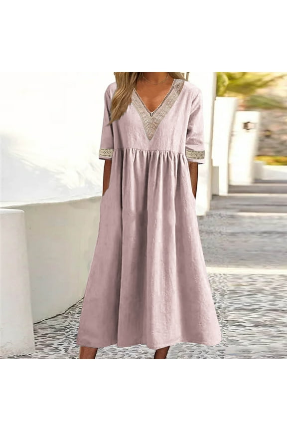 Women's Plus Size Casual Dresses Maxi Length Cotton Linen Dress Hollow V Neck Summer Beach Dress Loose Fit Short Sleeves Ruched Tshirt Dresses