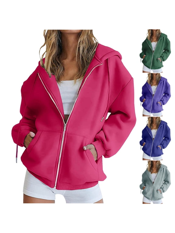 Women's Plus Size Hoodies Loose Fit Full Zip Hoodie Jackets Casual Long Sleeve Fall Winter Sweatshirts with Pockets Hot Pink L