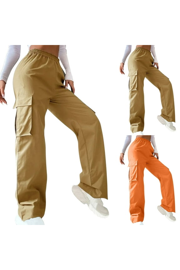 Women's Plus Size Pants with Multi Pockets Loose Fit Wide Leg Cargo Pants Casual Elastic High Waist Hiking Trousers Khaki XXXL