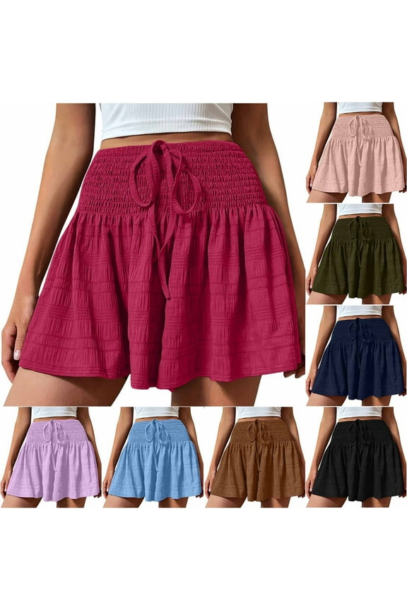 Women's Plus Size Smocked Tiered Ruffle Flowy Shorts Drawstring Elastic Waist Wide Leg Shorts Beach Vacation Trendy Shorts Purple XL