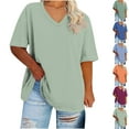 thumbnail image 1 of CFLVAEK Women's Plus Size T Shirts Loose Fit Short Sleeve Tshirts Casual V Neck T Shirt Plain Color Basic Tees Summer Beach Vacation Tshirt Sky Blue XL, 1 of 5