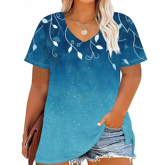CFLVAEK Women's Plus Size T Shirts Summer Casual V Neck Tshirts Trendy Graphic Tees Loose Fitted Short Sleeve Tshirt Vacation Going Out Tops Blue XXXXL