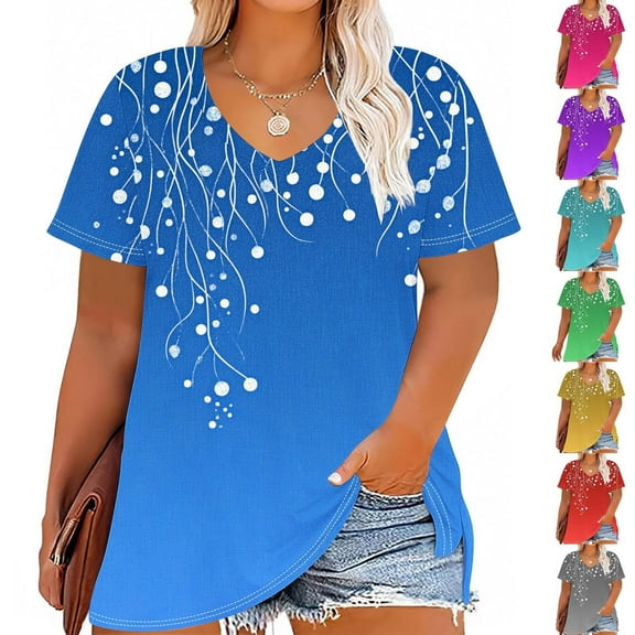 CFLVAEK Women's Plus Size Tops Fashion Graphic Tees Loose Fit V Neck T Shirts Casual Summer Going Out Short Sleeve Tshirts Green XXXXL