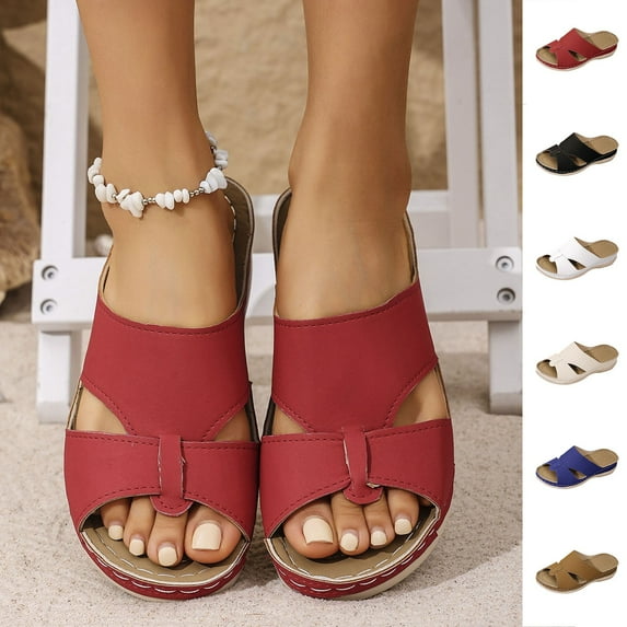 CFLVAEK Women's Slide Sandals Comfortable Arch Support Summer Beach Sandal Casual Walking Sandals Slip On Low Wedge Flat Sandals Plus Size Size 9.5