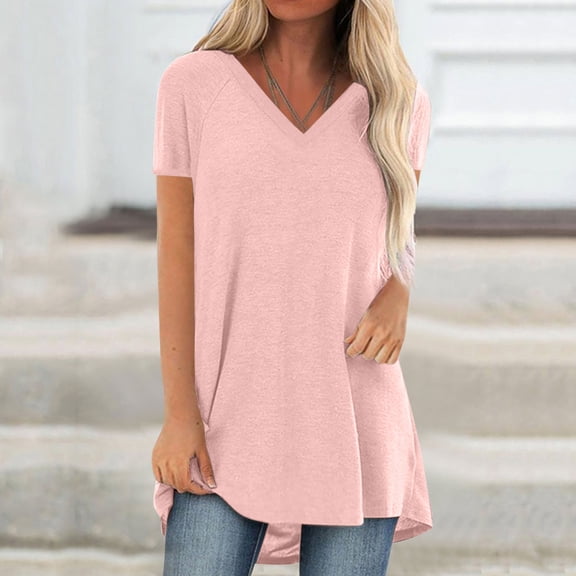 CFLVAEK Women's Solid Color Casual Dressy Dress Loose V Neck Tops Soft Short Sleeve Blouse
