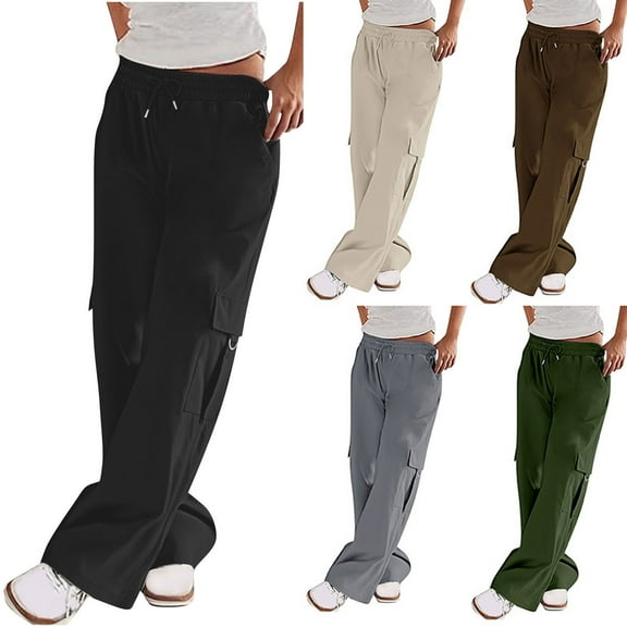 CFLVAEK Women's Straight Leg Cargo Pants Plus Size Drawstring Elastic Waist Pant for Hiking Running Loose Fit Wide Leg Street Trousers Black XXL