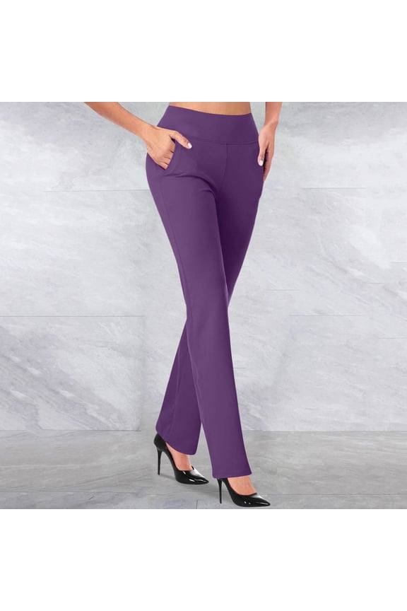 Women's Stretchy Straight Dress Pants with Pockets High Waisted Office Pant Casual Flare Slacks Solid Color Business TrousersPurple XL