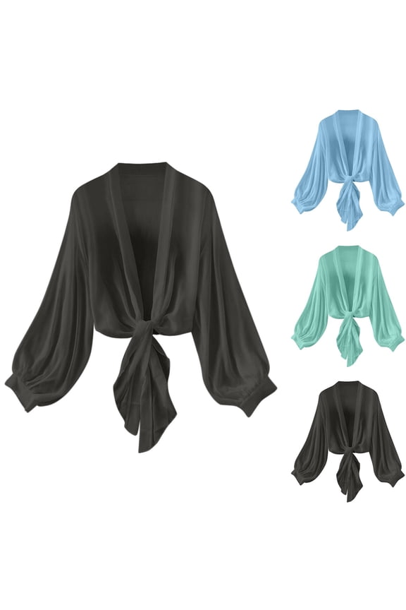 Women's Summer Fall Lightweight Short Bolero Cardigan Shrug Sheer Tie Front Top Long Sleeve Cardigans for Dress Black XXL