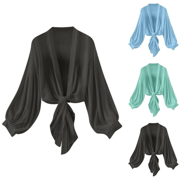 CFLVAEK Women's Summer Fall Lightweight Short Bolero Cardigan Shrug Sheer Tie Front Top Long Sleeve Cardigans for Dress Blue XXL