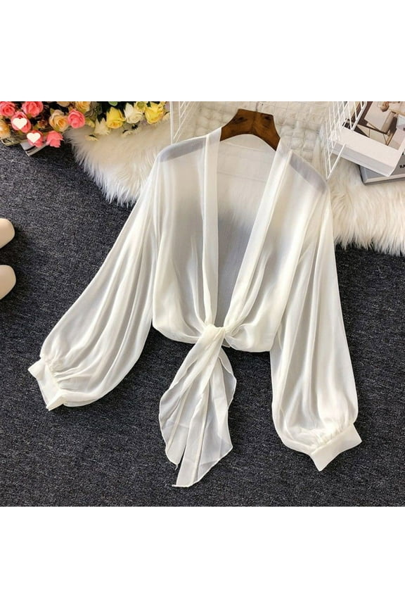 Women's Summer Fall Lightweight Short Bolero Cardigan Shrug Sheer Tie Front Top Long Sleeve Cardigans for Dress White M