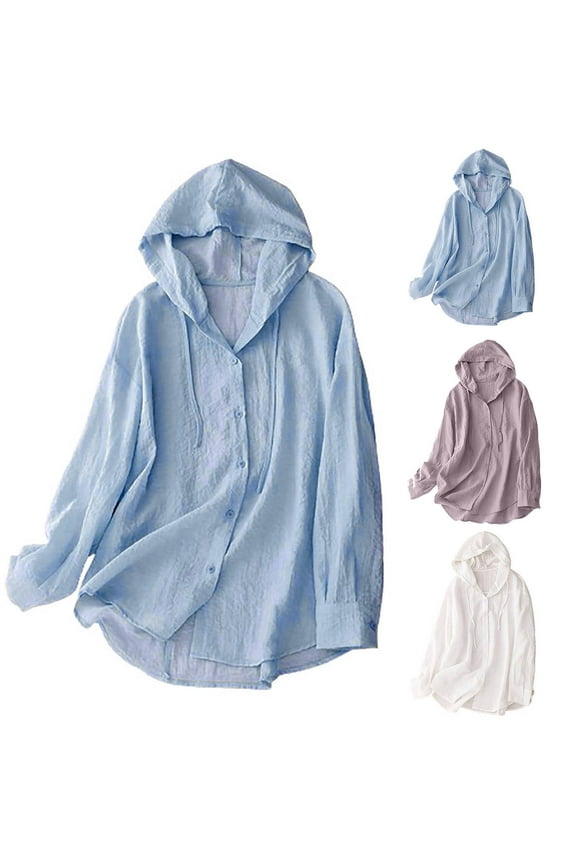 Women's Sun Protection Hoodie Shirt Solid Color Cotton Linen Long Sleeve Beach Blouse Casual Swimsuit Cover Up Tops