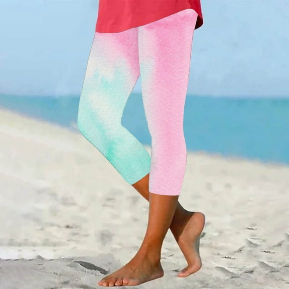 CFLVAEK Women's Tie Dye Capri Leggings Elastic Waist Gradient Yoga Pants Trendy Printed Beach Capris Casual High Rise Pedal Pushers Summer Clearance
