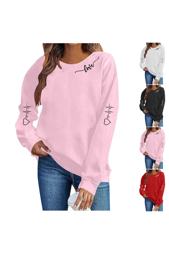 Women's Valentines Day Sweatshirts Long Sleeve Love Heart Printed Sweatshirt Trendy Round Neck Pullover Tops White S