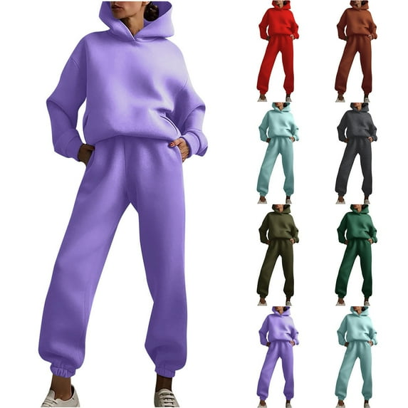 CFLVAEK Womens 2 Piece Outfits Sweatsuit Casual Long Sleeve Hooded Sweatshirts Comfort High Waist Sweatpants Fall Winter Workout Set Brown M