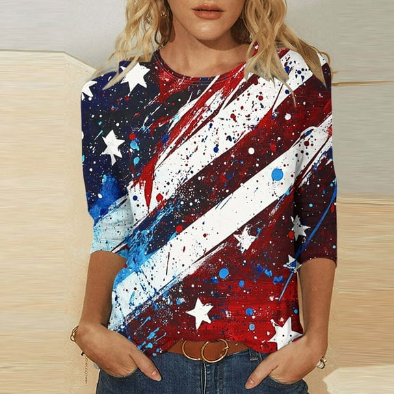 CFLVAEK Womens 3/4 Sleeve 4th of July Shirt Novelty Stars&nbsp;and&nbsp;Stripes&nbsp;Tie Dye Graphic Patriotic Shirts Casual Crewneck T Shirts Independence Day Tops XXL