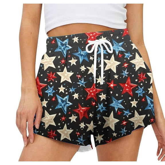 CFLVAEK Womens 4th of July Shorts Comfy High Waist Drawstring Shorts with Pockets Trendy Stars and Stripes Shorts Summer Vacation Beach Lounge Shorts M