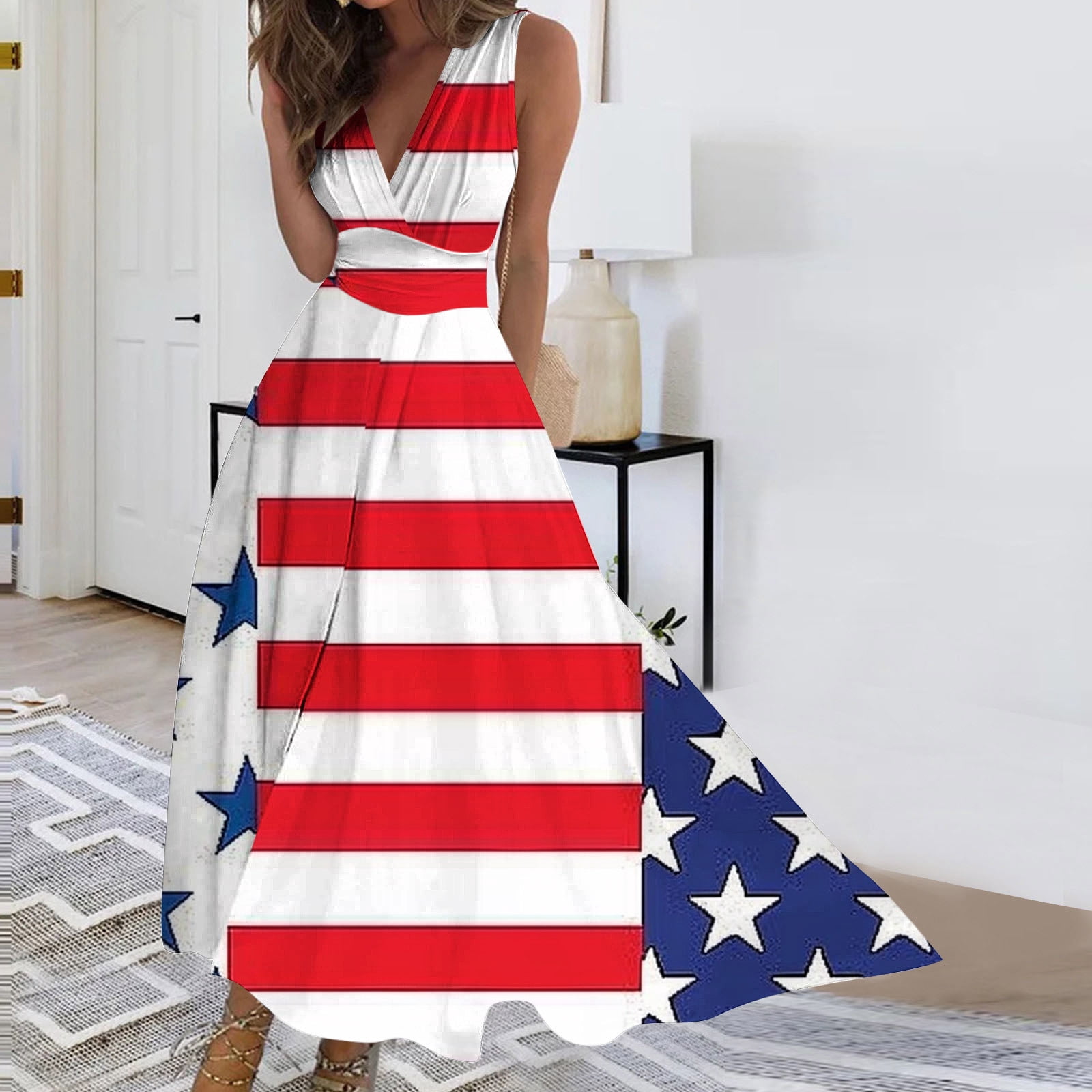 formal american flag dress CFLVAEK Womens Dresses 4th of July Casual Sleeveless Wrap Dress Elegant V Neck Patriotic Dress Independence Day Sundress L Floral Print Dress