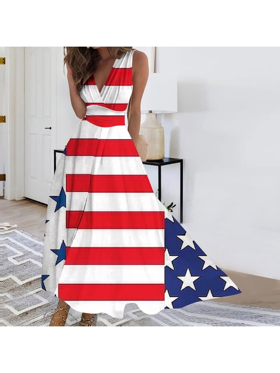 Womens American Flag Dresses 4th of July Dress Casual Sleeveless Wrap Dress Elegant V Neck Patriotic Dress Independence Day Sundress S