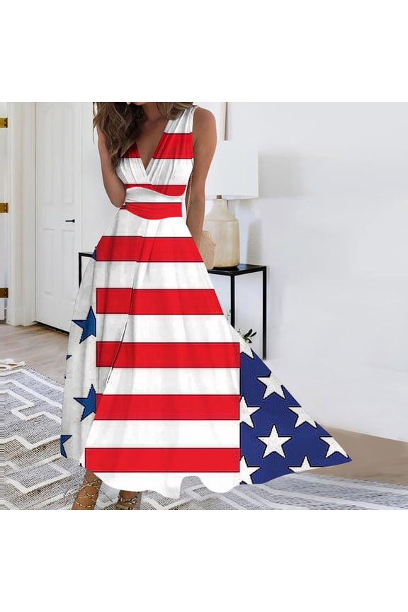 Womens American Flag Dresses 4th of July Dress Casual Sleeveless Wrap Dress Elegant V Neck Patriotic Dress Independence Day Sundress XL