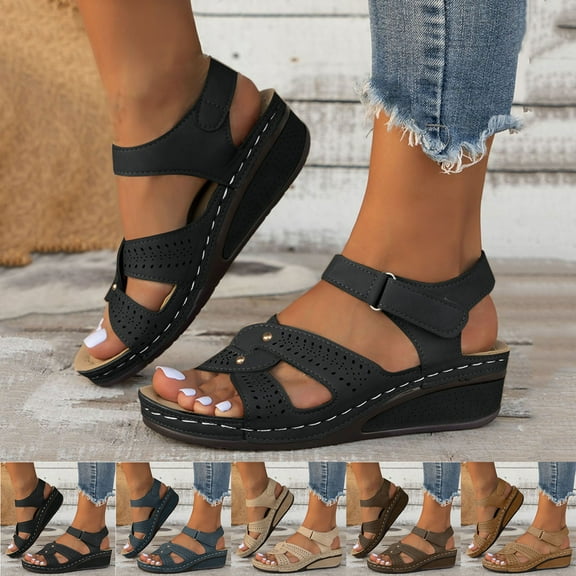 CFLVAEK Womens Arch Support Sandals with Back Strap Casual Summer Beach Walking Sandals Comfy Outdoor Low Heel Platform Wedges Shoes Size 6