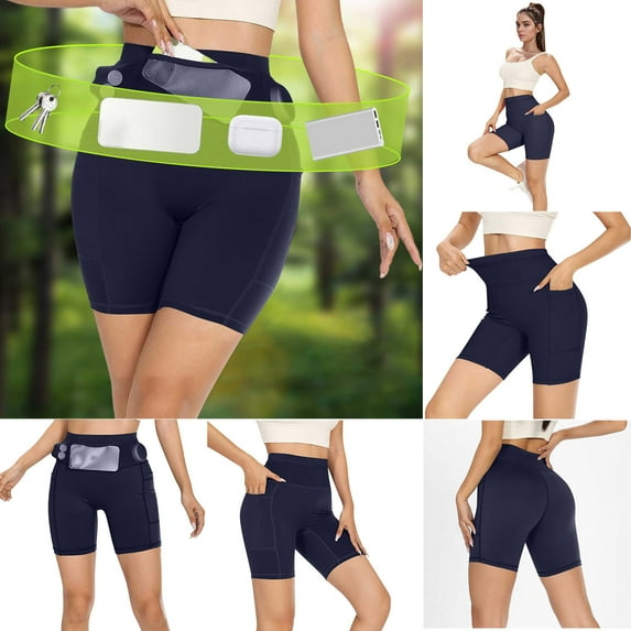 CFLVAEK Womens Bike Shorts with Pockets Comfy High Waist Biker Short Stretch Tummy Control Butt Lifting Shorts Solid Color Workout Cycling Shorts Navy M