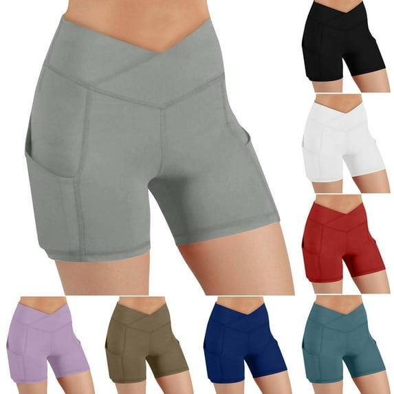 CFLVAEK Womens Biker Shorts with Pockets Stretch V Cross Waist Biker Shorts Comfy Butt Lift Tummy Control Workout Yoga Shorts White M