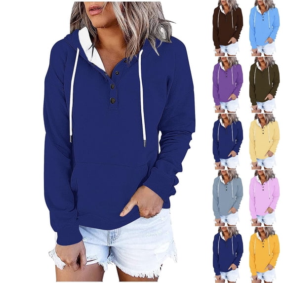 CFLVAEK Womens Button Up Hoodie Casual Long Sleeve Fall Hooded Pullovers Solid Color Drawstring Hoodies with Pockets Brown M