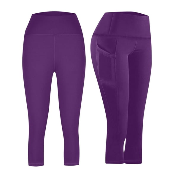 CFLVAEK Womens Capri Leggings with Pockets Plus Size High Waisted Tummy Control Yoga Workout Cropped Leggings Butt Lift Running Gym Fitness Capri Legging Purple XXXL