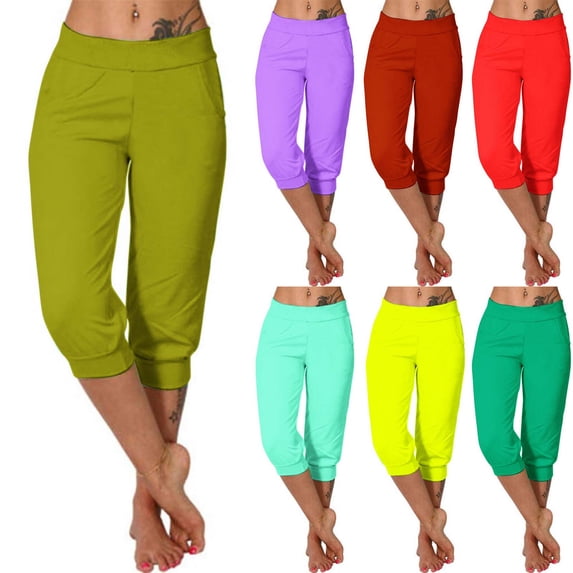 CFLVAEK Womens Capris High Waisted Workout Capri Pants with Pockets Cinch Bottom Summer Running Gym Fitness Cropped Pant Purple L