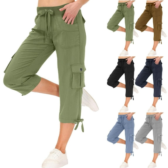 CFLVAEK Womens Cargo Capris with Pockets Loose Fit High Waisted Drawstring Hiking Capri Pants Comfy Cinch Bottom Workout Running Capris Green M