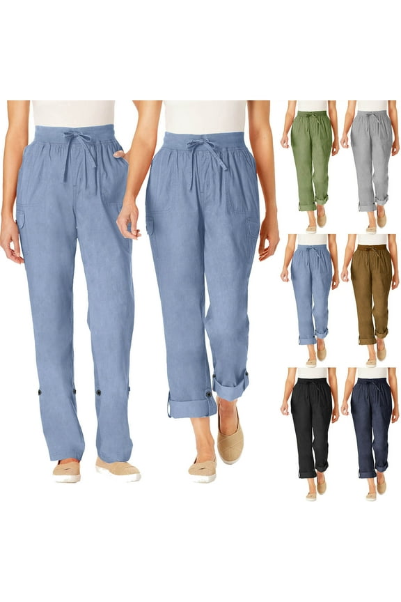 Womens Cargo Pants Casual Drawstring Elastic Waist Hiking Roll Up Pant with Pockets Loose Fit Wide Leg Running Outdoor Cargo Pant Light Blue L