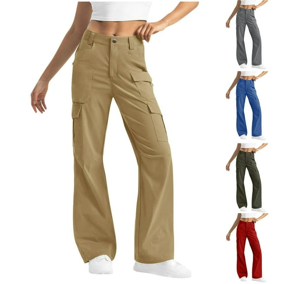 CFLVAEK Womens Cargo Pants High Waist Casual Hiking Pant Loose Fit Wide Leg Straight Pant Solid Color Cargo Pant for Travel Khaki XL