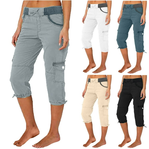 CFLVAEK Womens Cargo Pants Trendy Plus Size Summer Capris Casual Drawstring Elastic Waisted Beach Pants with Pockets Casual Hiking Capri Pants Black XXL