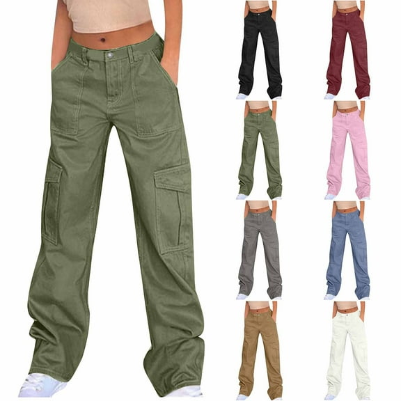 CFLVAEK Womens Cargo Pants with Pockets Casual Mid Rise Denim Pant Loose Fit Wide Leg Hiking Pants Solid Color Jean Pants Army Green XXL