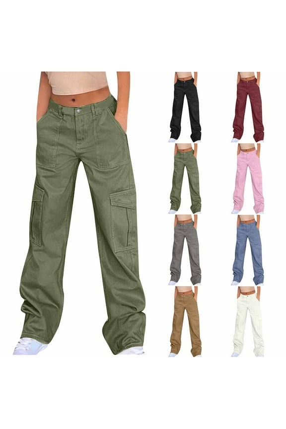 Womens Cargo Pants with Pockets Casual Mid Rise Denim Pant Loose Fit Wide Leg Hiking Pants Solid Color Jean Pants Army Green XXL