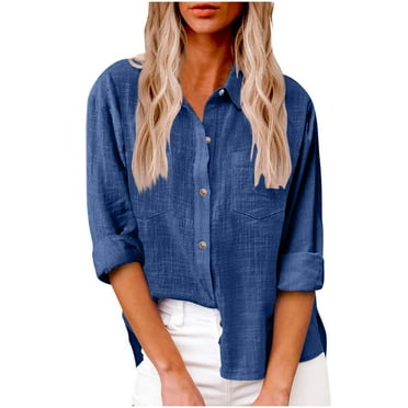 CFLVAEK Womens Casual Office Shirts Plus Size 3/4 Sleeve Front Double Pocket Blouses Dressy Button Down Linen Cotton Shirt Lightweight Solid V Neck Working Blouses for Ladies