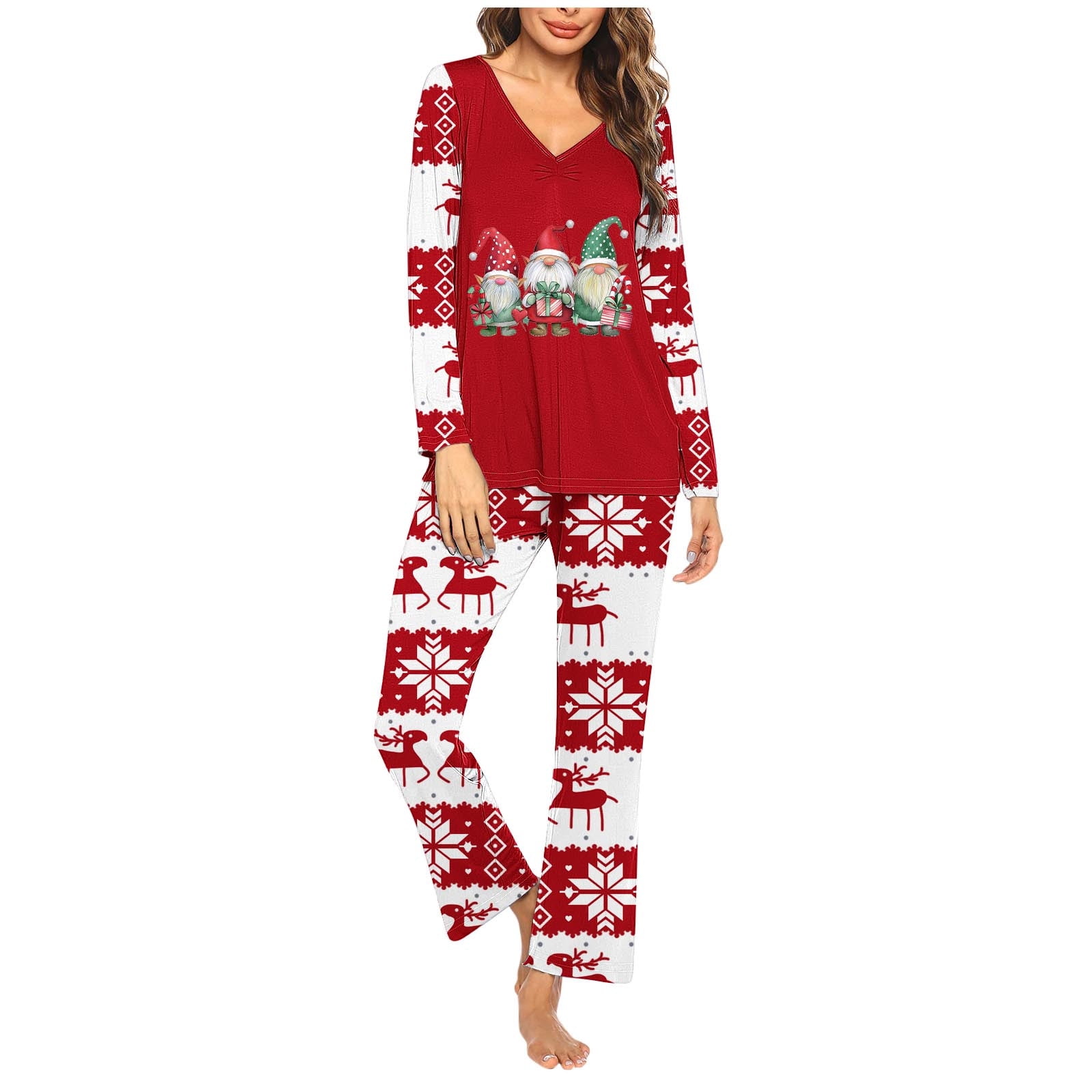 CFLVAEK Womens Christmas Pajama Sets 2 Piece Plus Size Holiday Pj Sets Casual Long Sleeve V Neck Tops and Pants Cute Xmas Elf Print Loungwear XXXL