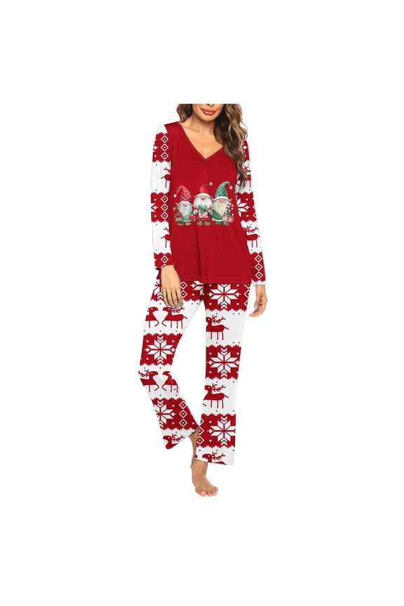 Womens Christmas Pajama Sets 2 Piece Plus Size Holiday Pj Sets Casual Long Sleeve V Neck Tops and Pants Cute Xmas Elf Print Loungwear XXXL