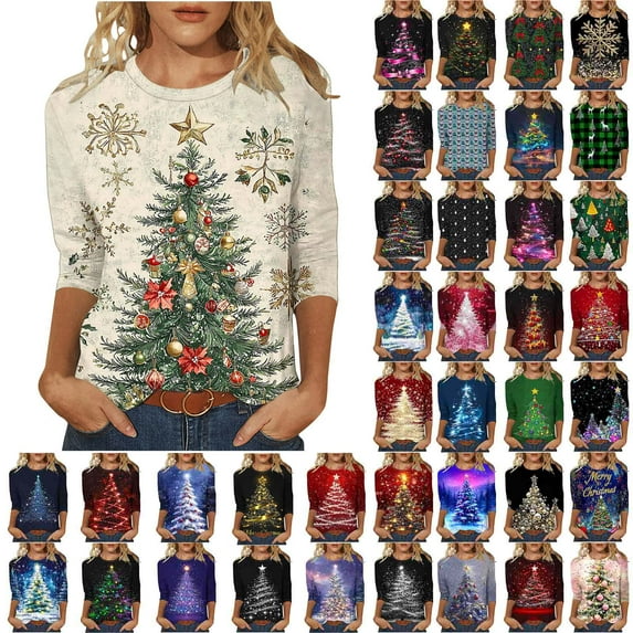 CFLVAEK Womens Christmas Shirts Funny Christmas Tree Graphic Tees Plus Size 3/4 Length Sleeve Crewneck T Shirts for Holiday Festive Purple XXXL