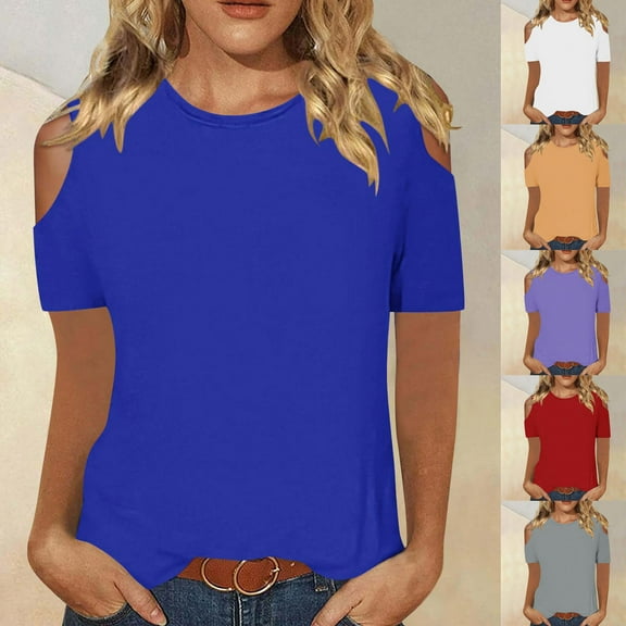 CFLVAEK Womens Cold Shoulder Tshirts Casual Short Sleeve Summer Tshirt Loose Fit Round Neck Blouses Fashion Solid Color Going Out Tops Orange M