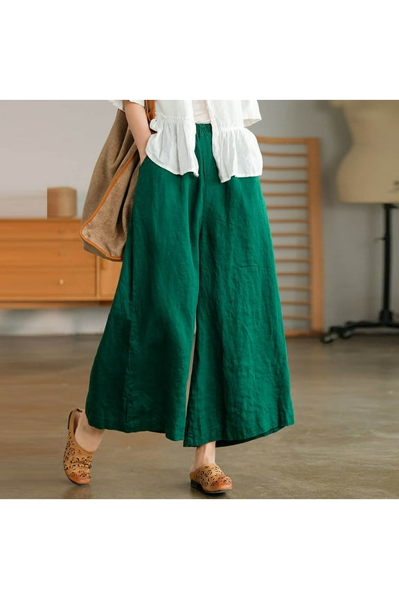 Womens Cotton Linen Culottes with Pockets Elastic Waist Yoga Pant Baggy High Rise Drawstring Trousers Casual Wide Leg Palazzo Pants