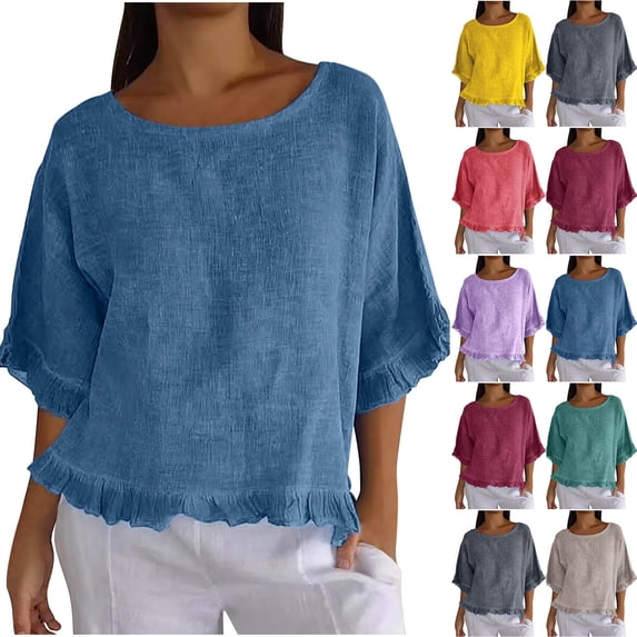 CFLVAEK Womens Cotton Linen Shirts Fashion Ruffled Hem Elbow Length Sleeve Shirt Casual Summer Crewneck T Shirts Solid Color Vacation Tops Purple XXL