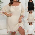 thumbnail image 1 of CFLVAEK Womens Cover Ups with Tassels Plus Size 3/4 Sleeve Square Neck Swimsuits Cover Ups Summer Beach Vacation Sheer Cover Ups Dress XL, 1 of 10