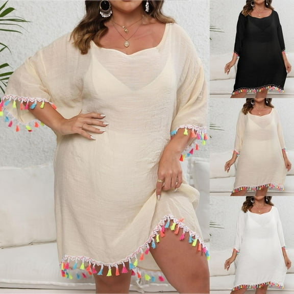 CFLVAEK Womens Cover Ups with Tassels Plus Size 3/4 Sleeve Square Neck Swimsuits Cover Ups Summer Beach Vacation Sheer Cover Ups Dress XXXL