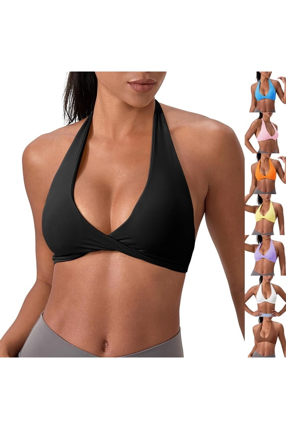 Womens Deep V Neck Halter Sports Bra Padded Beauty Back Low Impact Fitness Yoga Bra Seamless Workout Crop Top Black L