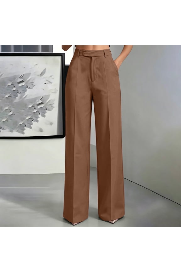 Womens Dress Pants Plus Size Straight Leg Slacks Trousers Business Casual High Waisted Pleated Long Pant for Office Work with Pockets Brown XXXL