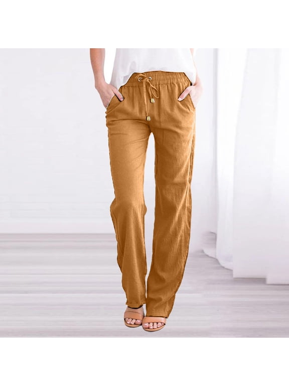 Womens Fall Tummy Control Pants with Pocket Elastic Mid Rise Wide Leg Pant Casual Loose Fit Cotton Linen Trousers Flowy Long Length Drawstring Slacks Yellow S